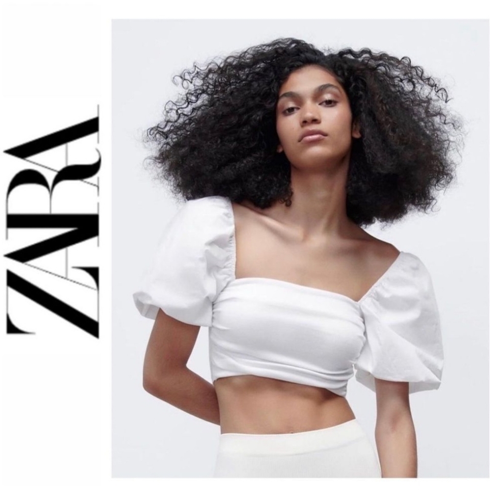 Zara White Puff Balloon Sleeve Crop Festival Boho Top Size S